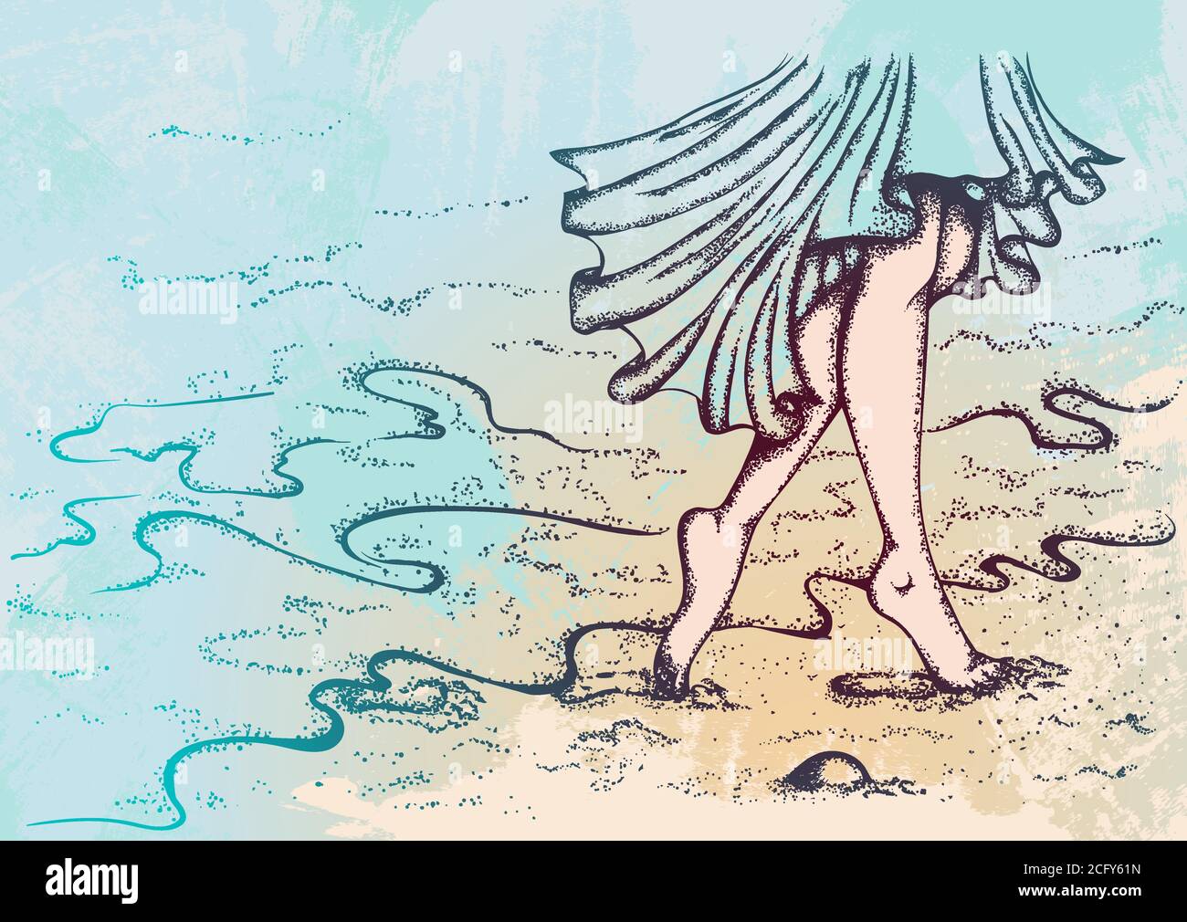 Illustrazione vettoriale disegnata a mano. Gambe femminili che camminano su una spiaggia di sabbia su uno sfondo grunge. Stile comico Illustrazione Vettoriale