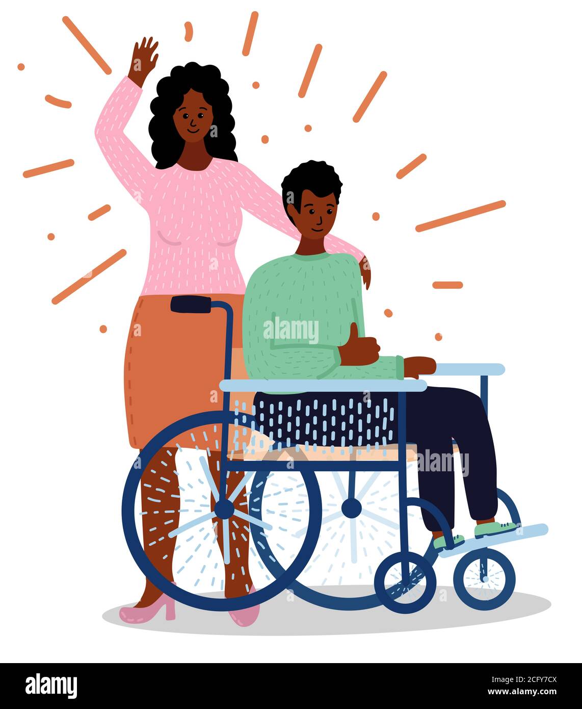 cartoon giovane coppia africana. uomo nero seduto in sedia a rotelle e mostra pollici in su. Moglie si alza dietro di lui. Stile disegnato a mano. Isolato su sfondo bianco Illustrazione Vettoriale