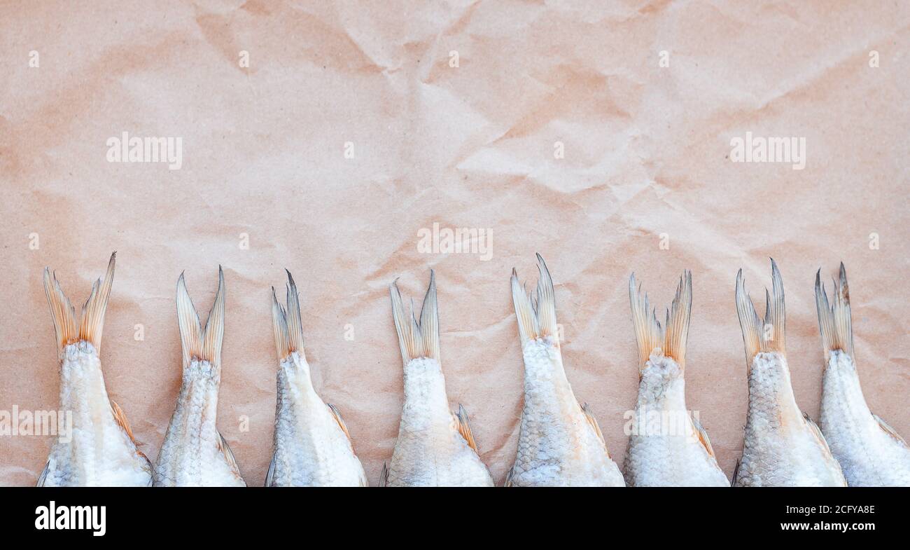 Banner modello pesci secchi su sfondo di carta artigianale con spazio vuoto per il testo. Rivestimento piatto in rete di roach salato. Poster per spuntini di pesce, dépliant decorativo. Cornice di pesce per il negozio di promozione. Foto Stock