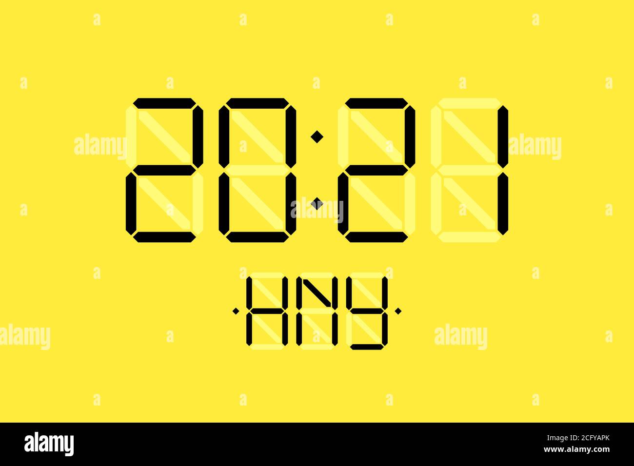 Happy New Year xmas Holiday Card con display digitale lcd elettronico orologio numero 2021 e lettere nere HNY su sfondo giallo. Buon Natale celebrazione saluto calendario vettore illustrazione Illustrazione Vettoriale