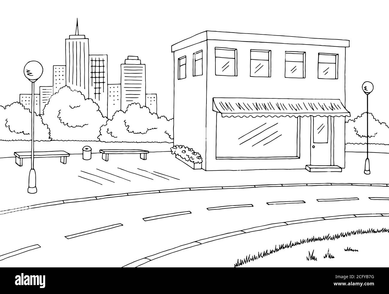 Grafico stradale grafico bianco nero illustrazione dello schizzo del paesaggio vettore Illustrazione Vettoriale