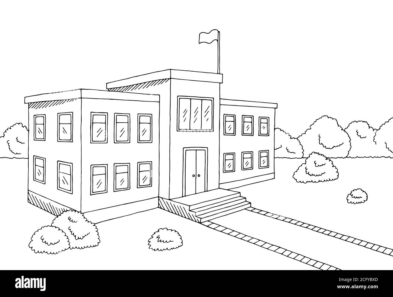 Grafico di costruzione della scuola in bianco nero illustrazione dello schizzo vettore Illustrazione Vettoriale