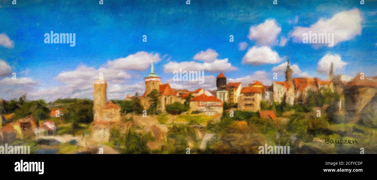 Un dipinto digitale ad olio d'arte di una vista panoramica della città Del centro storico di Bautzen in Sassonia Foto Stock