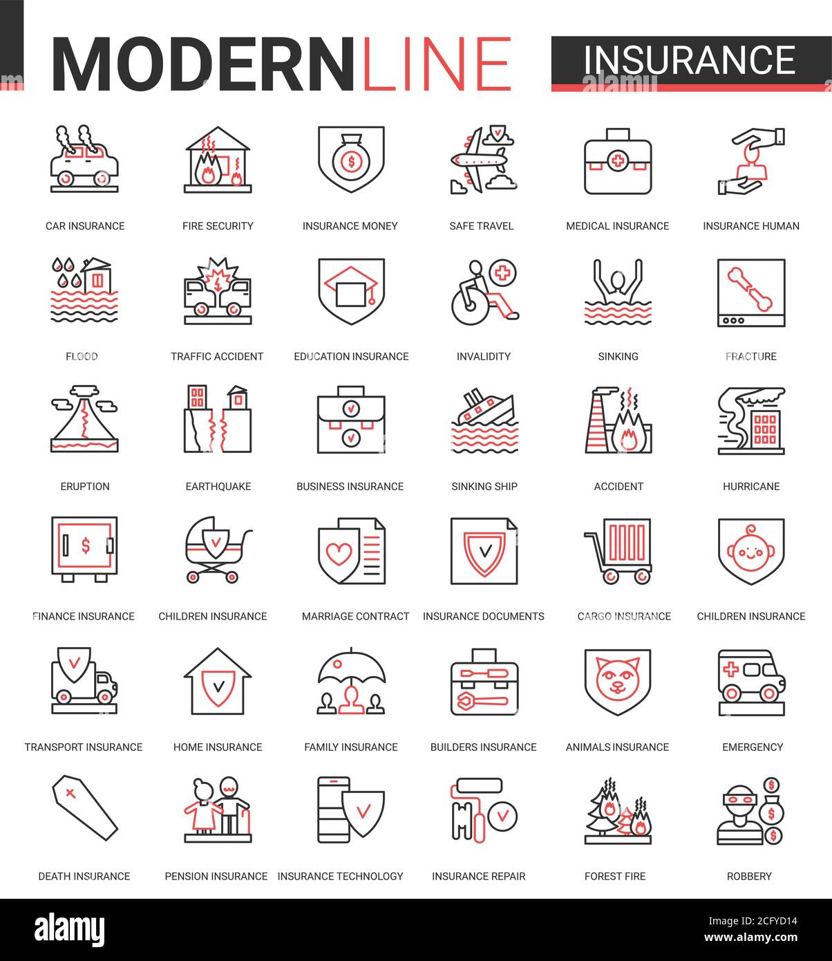 Assicurazione flat sottile rosso nero linea icona vettore illustrazione insieme con profilo assicurazione infografica simboli di applicazione del servizio di assicurazione per la salute della famiglia, la proprietà domestica o il trasporto dell'automobile, finanza di affari Illustrazione Vettoriale
