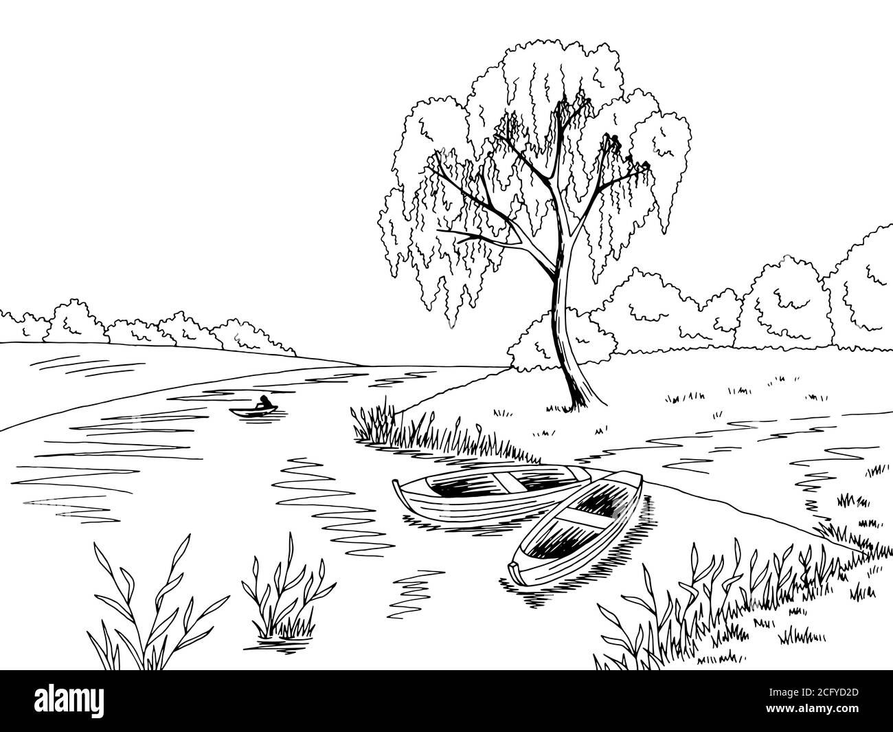 Imbarcazione fluviale grafica bianco nero disegno paesaggio vettore illustrazione Illustrazione Vettoriale