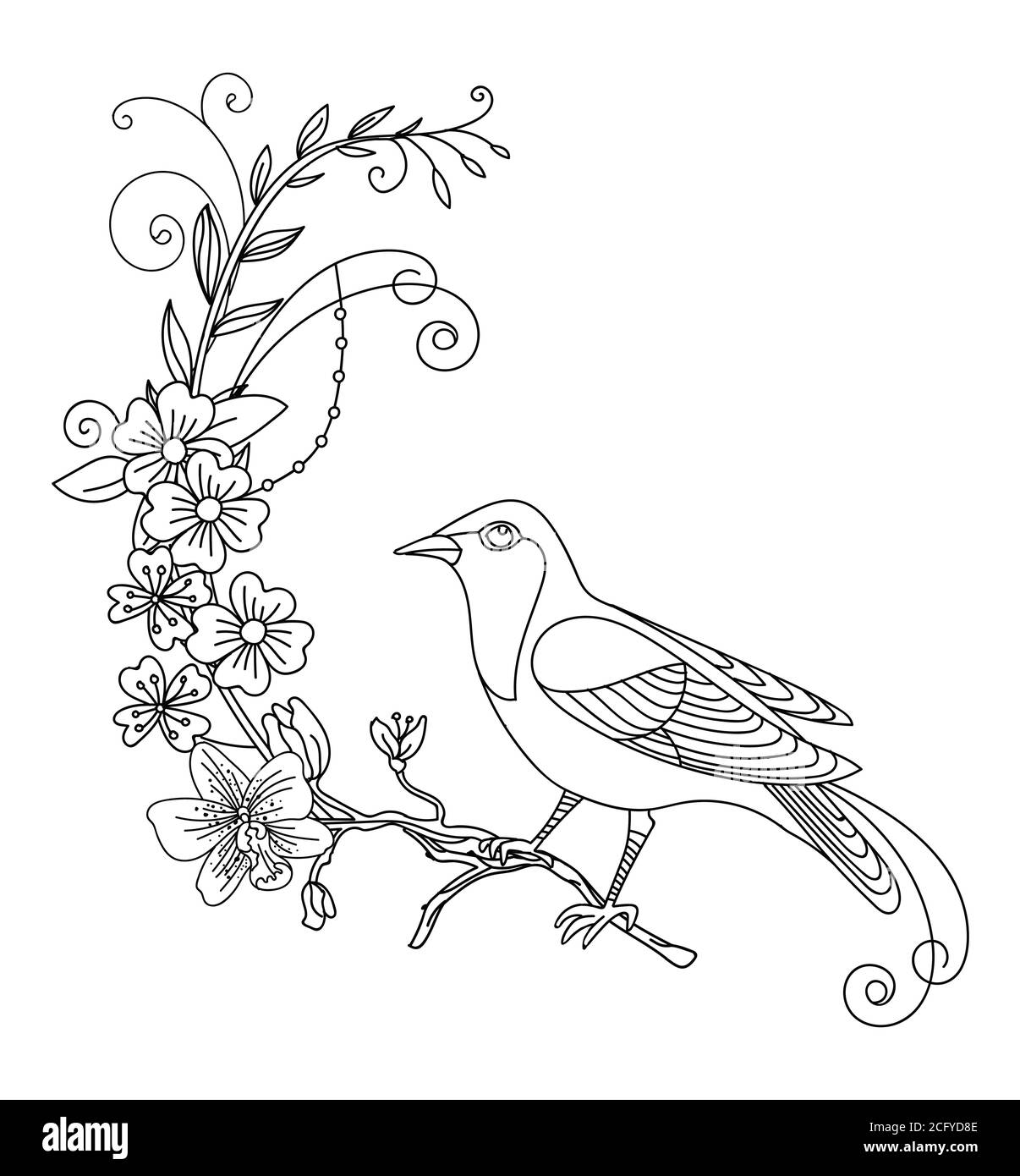 Linea vettoriale uccello e fiori astratti. Illustrazione del contorno nero isolata su bianco. Modello monocromatico disegnato a mano vettoriale per libro da colorare, wedd Illustrazione Vettoriale