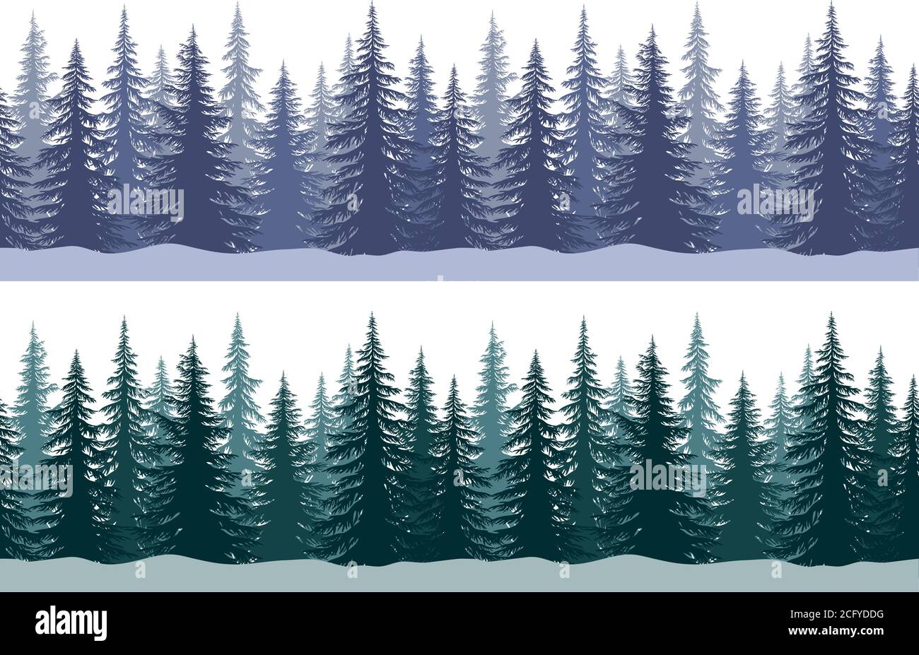 Paesaggi invernali orizzontali senza cuciture con alberi di conifere e fiocchi di neve di Natale, Tile Holiday background. Vettore Illustrazione Vettoriale