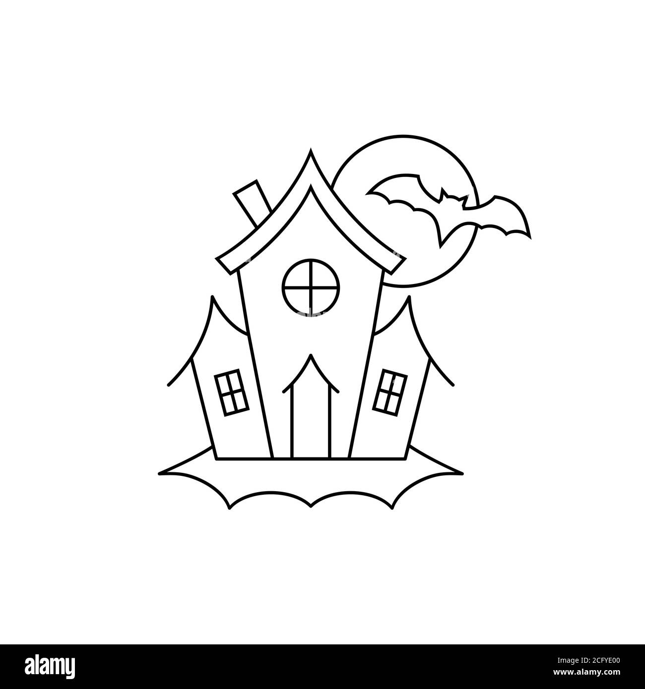 Casa di Halloween spooky. Casa spaventosa infestata con luna piena e pipistrello. Linea doodle arte. Vecchio edificio creepy. Concetto di Halloween felice. Contorno nero Illustrazione Vettoriale