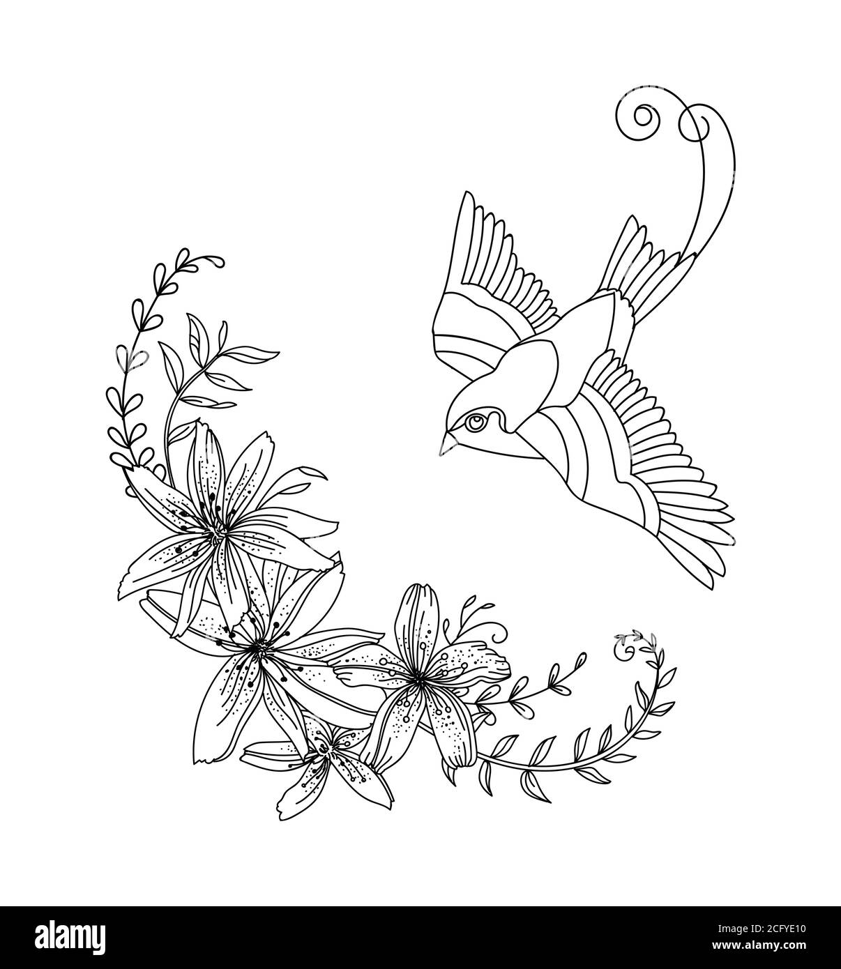 Linea vettoriale arte uccelli e fiori. Illustrazione decorativa del contorno nero isolata su bianco. Modello monocromatico disegnato a mano vettoriale per colorare il libro, noi Illustrazione Vettoriale