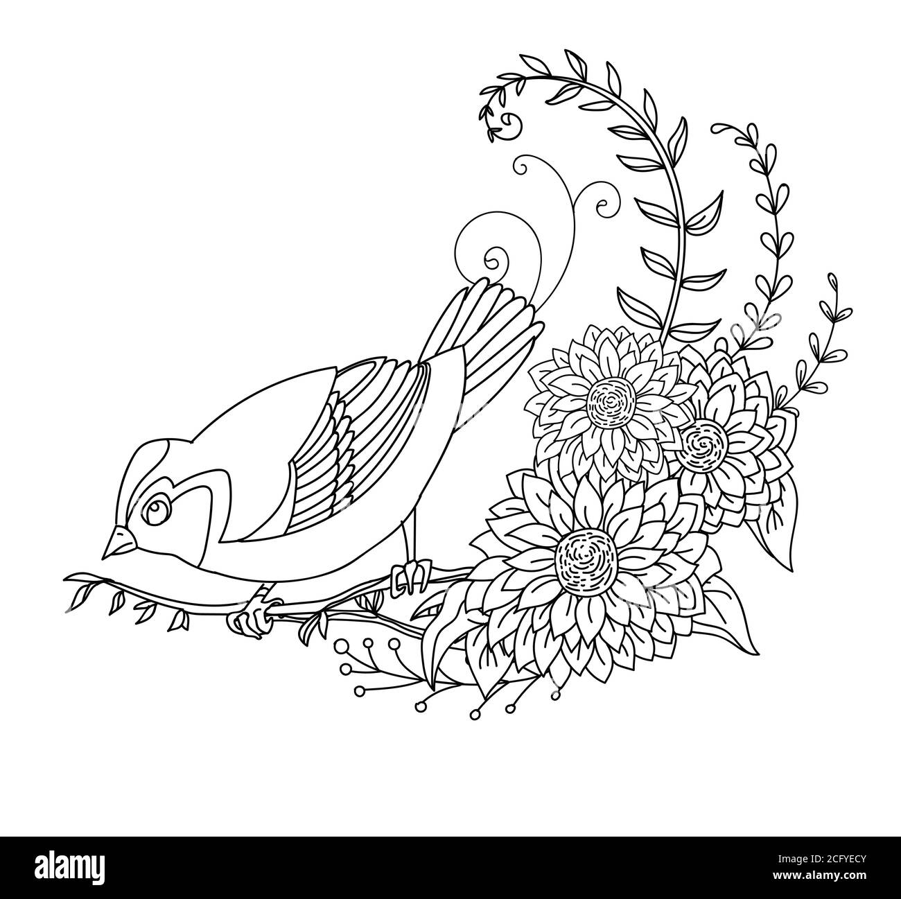 Contorno nero simpatico illustrazione uccello e fiori. Immagine vettoriale a disegno lineare isolata in bianco. Immagine monocromatica disegnata a mano vettoriale per libro da colorare Illustrazione Vettoriale