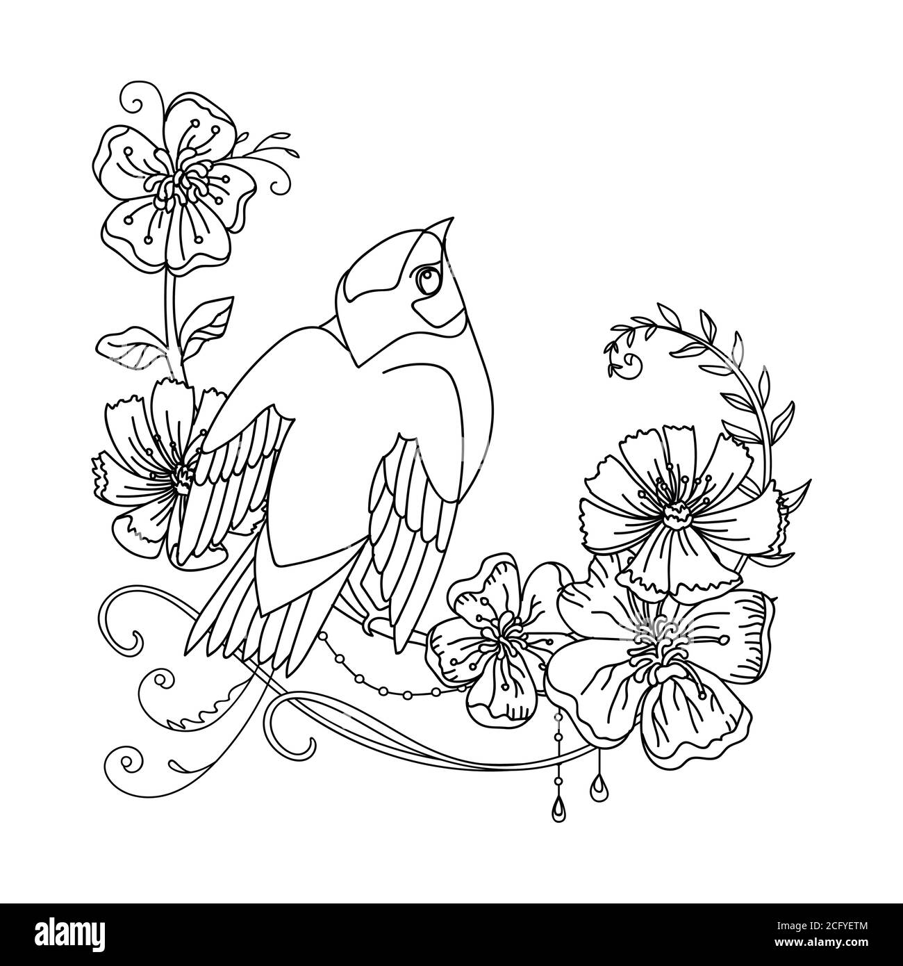 Contorno nero illustrazione uccello e fiori. Immagine vettoriale a disegno lineare isolata in bianco. Immagine monocromatica disegnata a mano vettoriale per libro da colorare, mer Illustrazione Vettoriale