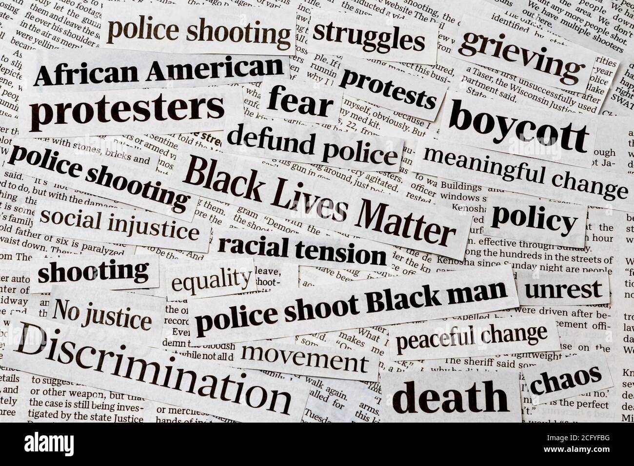 Black Lives la materia protesta titoli di giornale. Concetto di razzismo, disuguaglianza, riforma sociale e giustizia Foto Stock