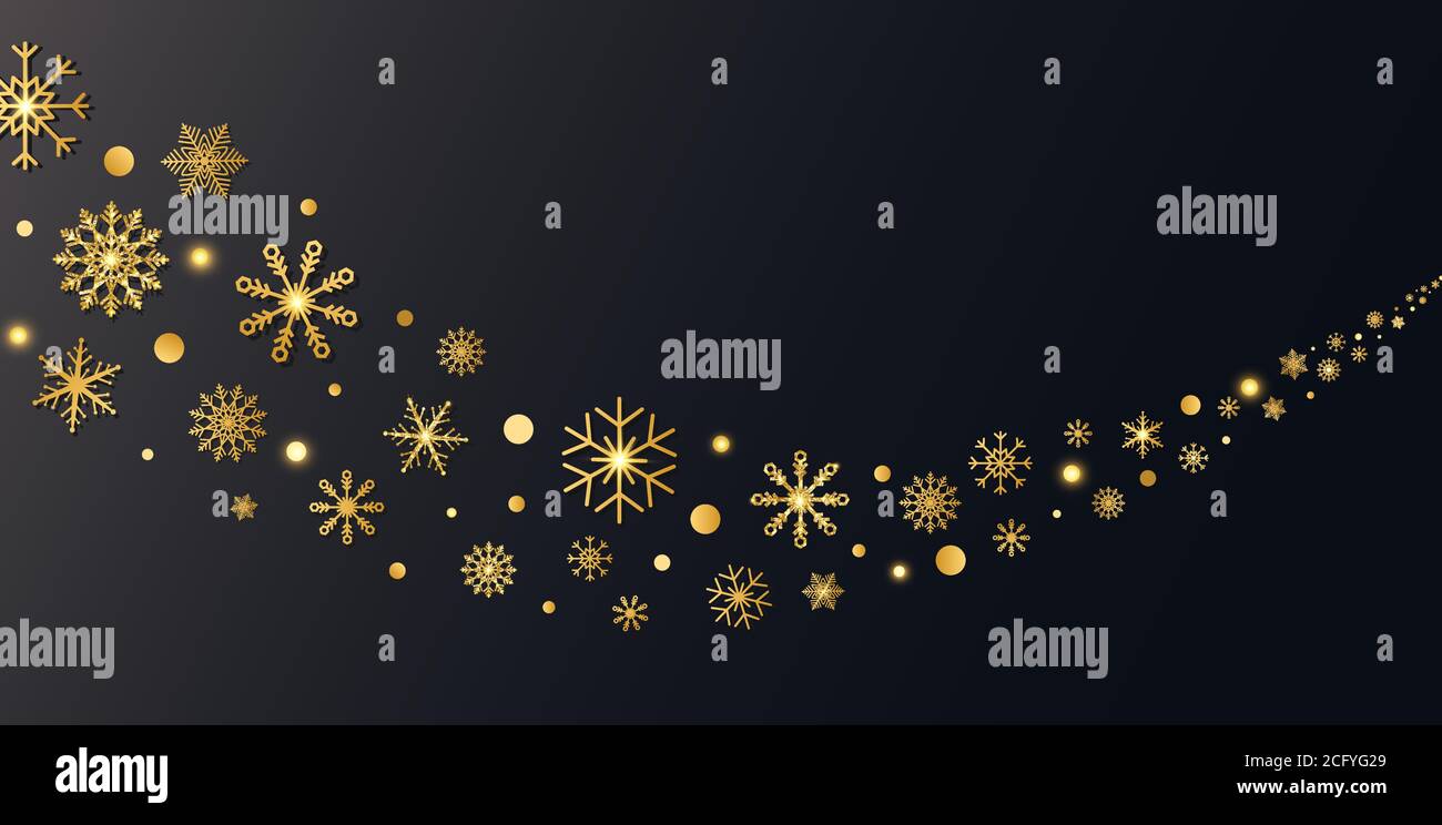 Fiocchi di neve dorati bordano a forma di onda. Fiocchi di neve dorati con glitter e neve con stelle su sfondo scuro. Buon Natale e felice anno nuovo design per Illustrazione Vettoriale