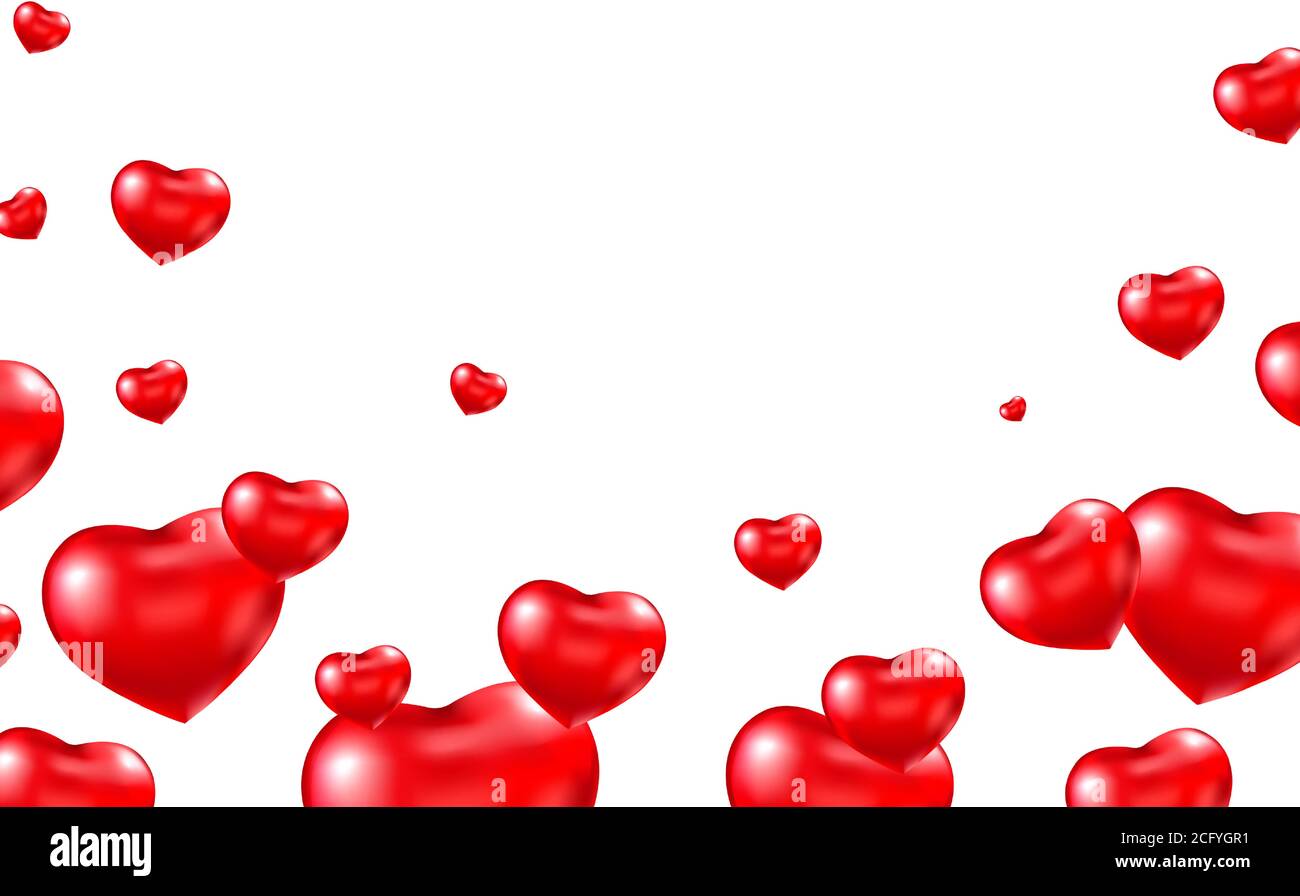 Carta San Valentino. Palloncino rosso cuore che cade su sfondo bianco. Cornice romantica. Palloncini di elio luminosi. Pallone ad aria a forma di cuore. Vettore Illustrazione Vettoriale