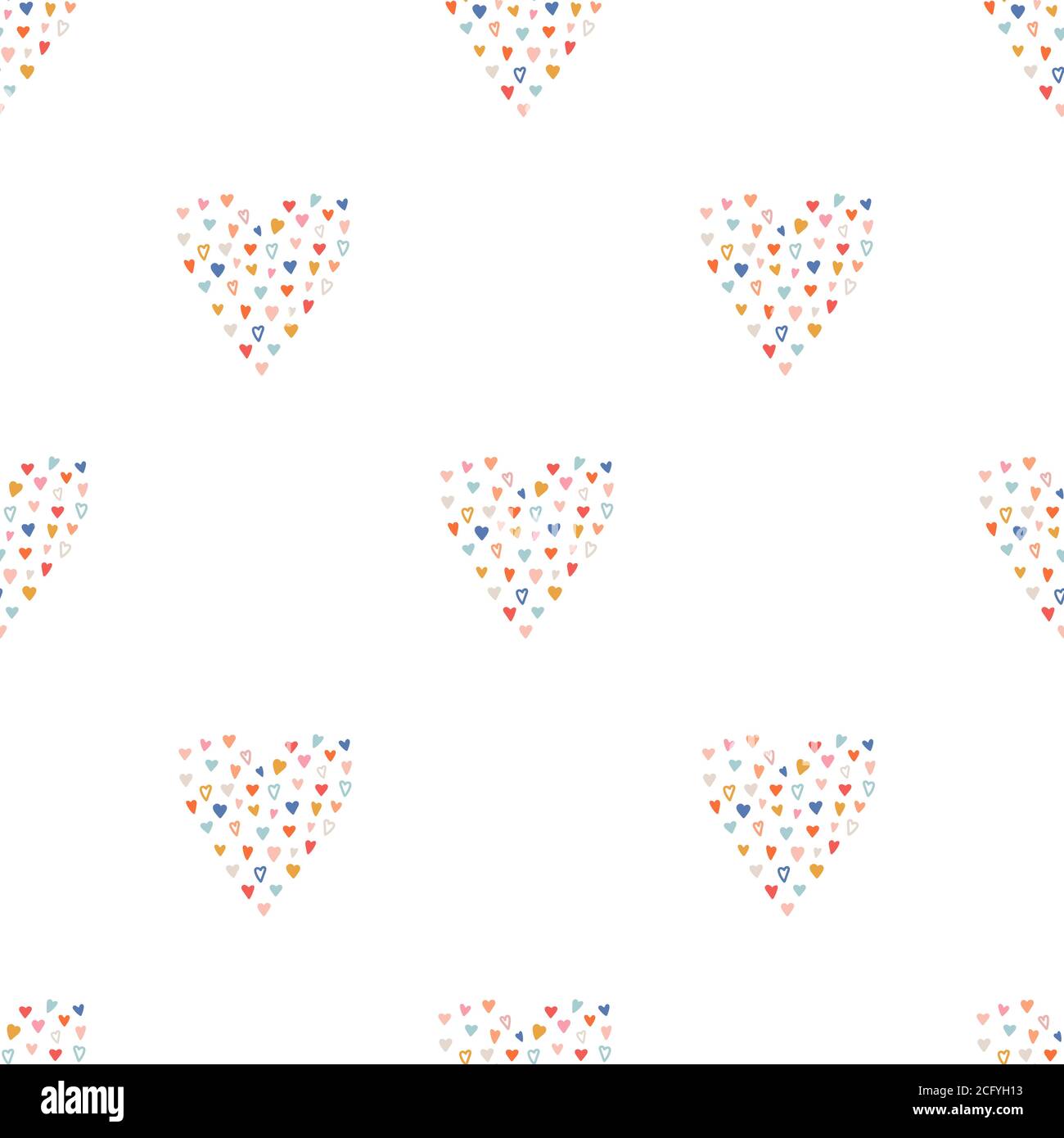 Motivo senza giunture a cuore disegnato a mano. Raccolta di cuori colorati. Carta San Valentino. Icona cuore fatto a mano per valentine, nozze, compleanno. Romantico Illustrazione Vettoriale