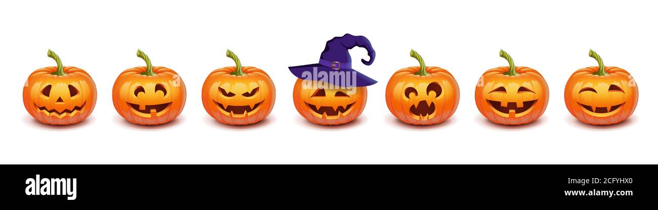 Impostare la zucca su sfondo bianco. Il simbolo principale della felice vacanza di Halloween. Zucca arancione con sorriso e cappello di strega per il vostro design per il Illustrazione Vettoriale