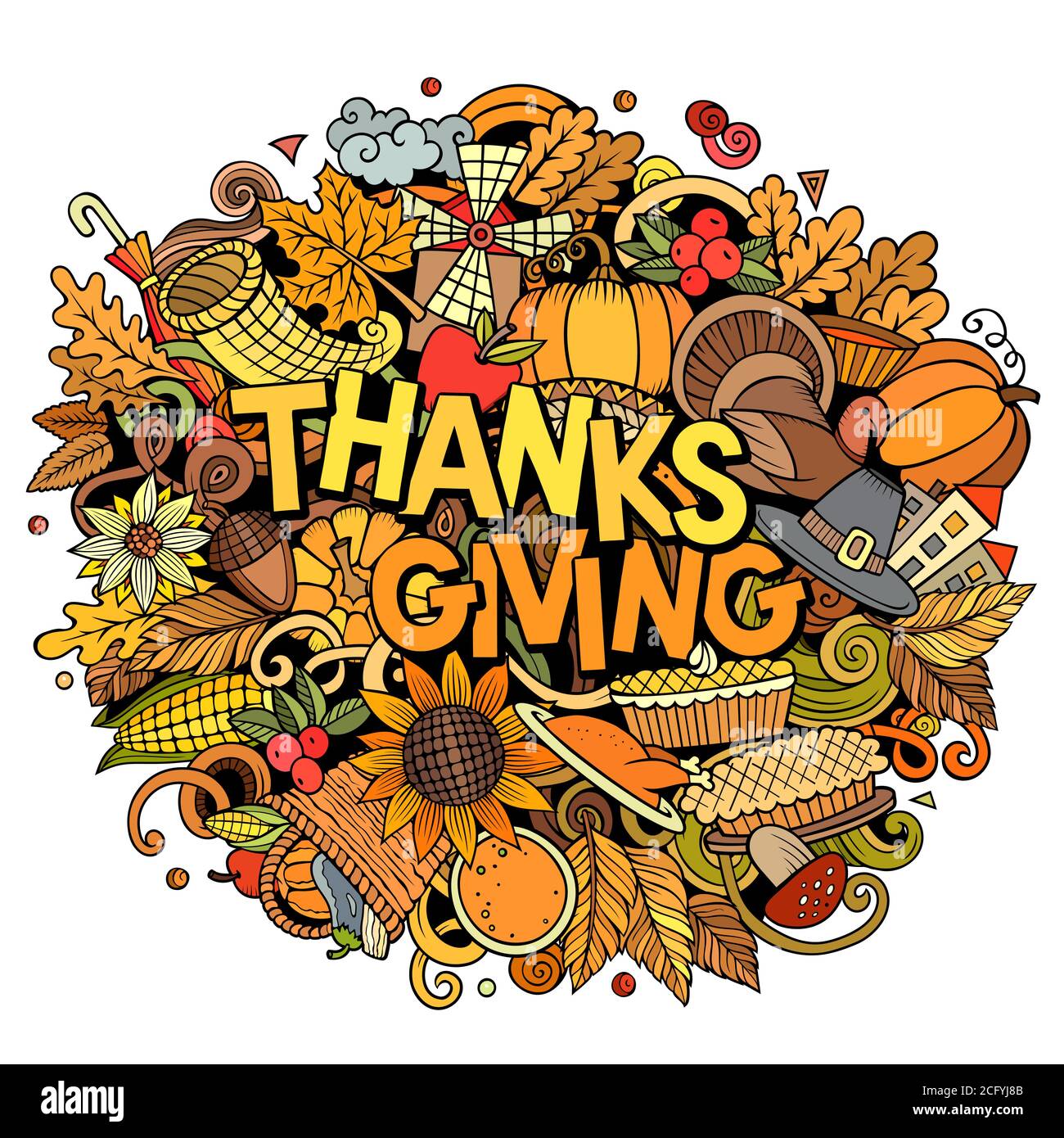 Felice Thanksgiving mano disegnata cartoon doodles illustrazione. Illustrazione Vettoriale