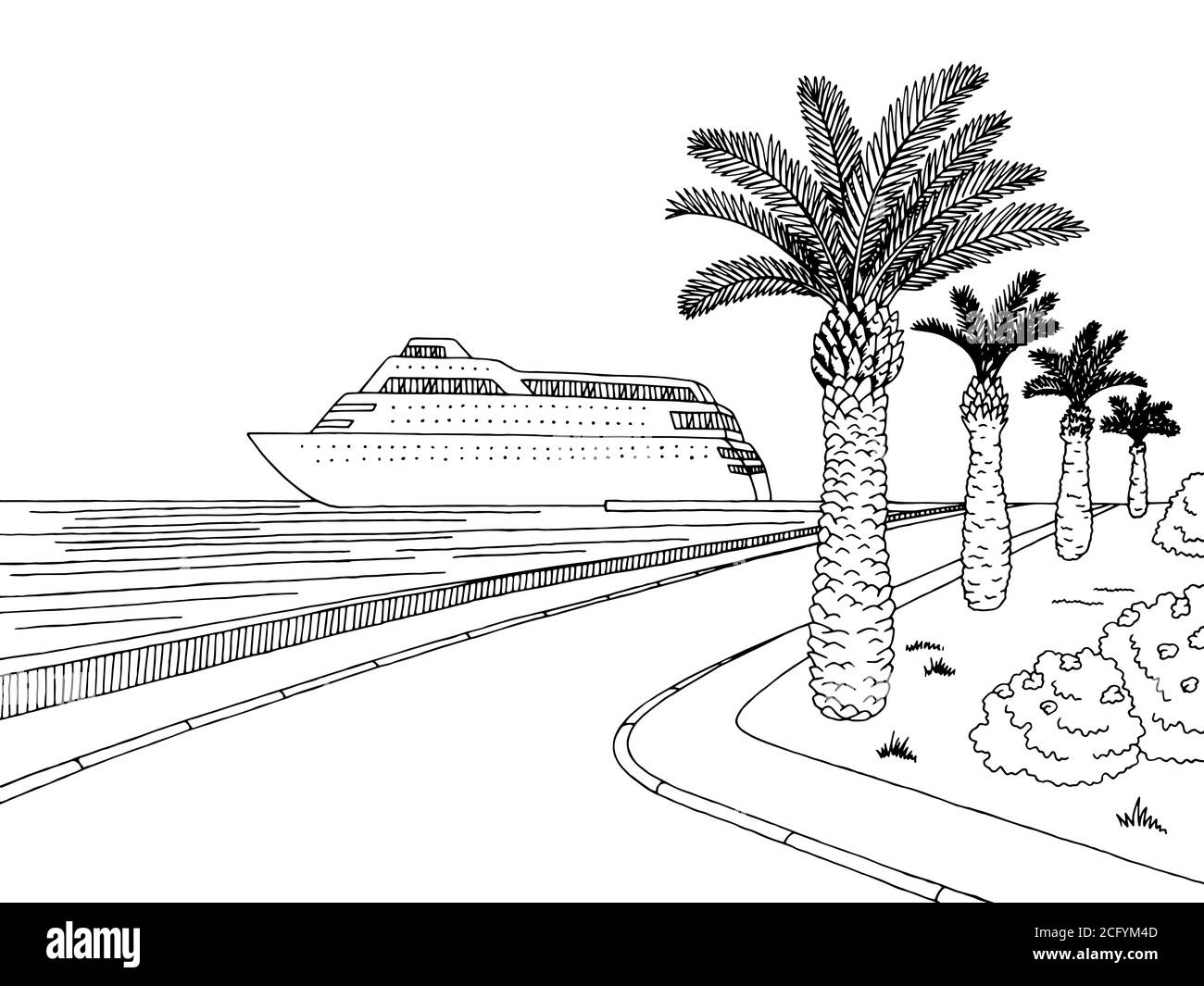 Molo di fronte al mare nave da crociera grafica bianco nero disegno del paesaggio vettore Illustrazione Vettoriale
