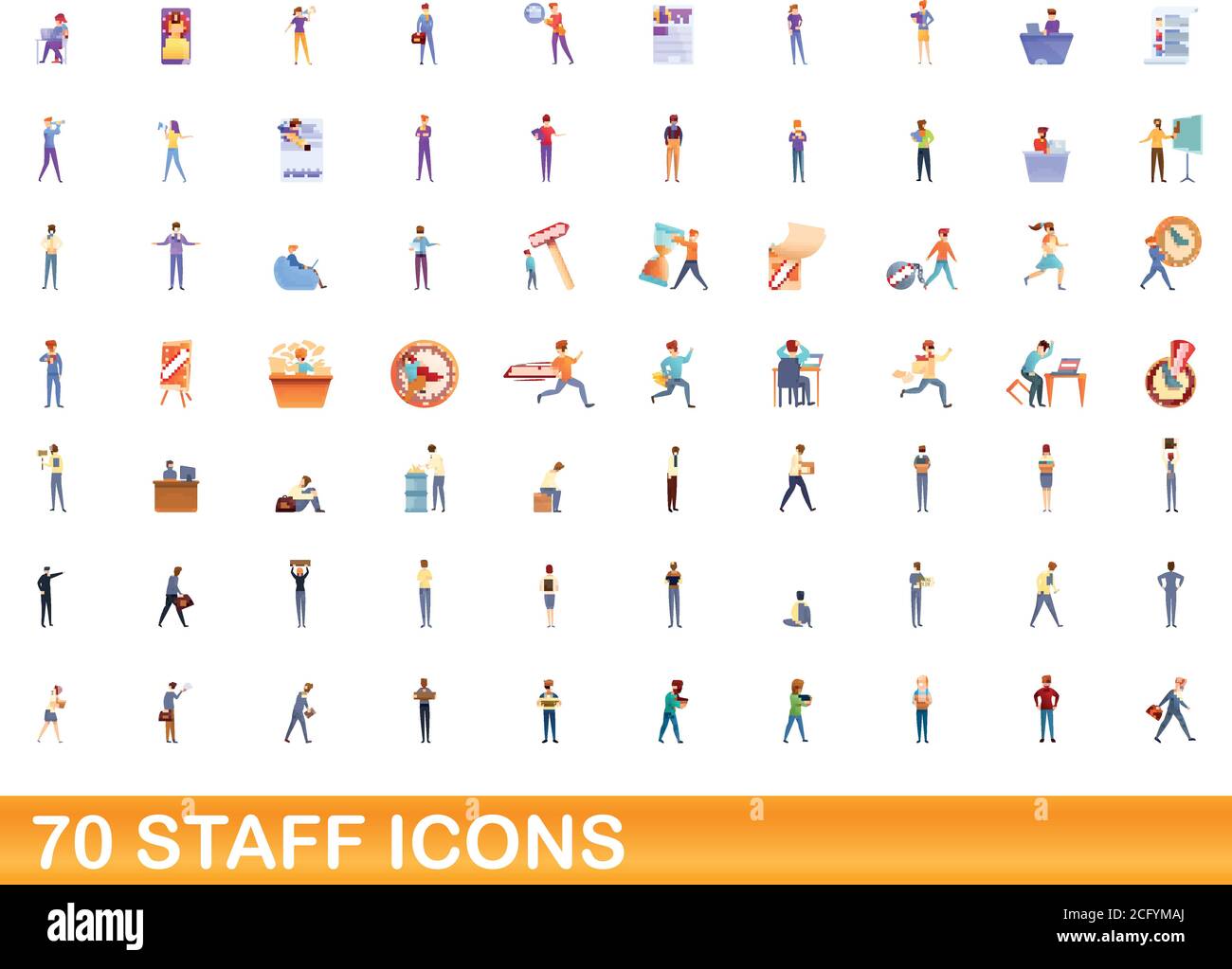 70 icone dello staff impostate. Illustrazione cartoon di 70 icone del personale vettore insieme isolato su sfondo bianco Illustrazione Vettoriale