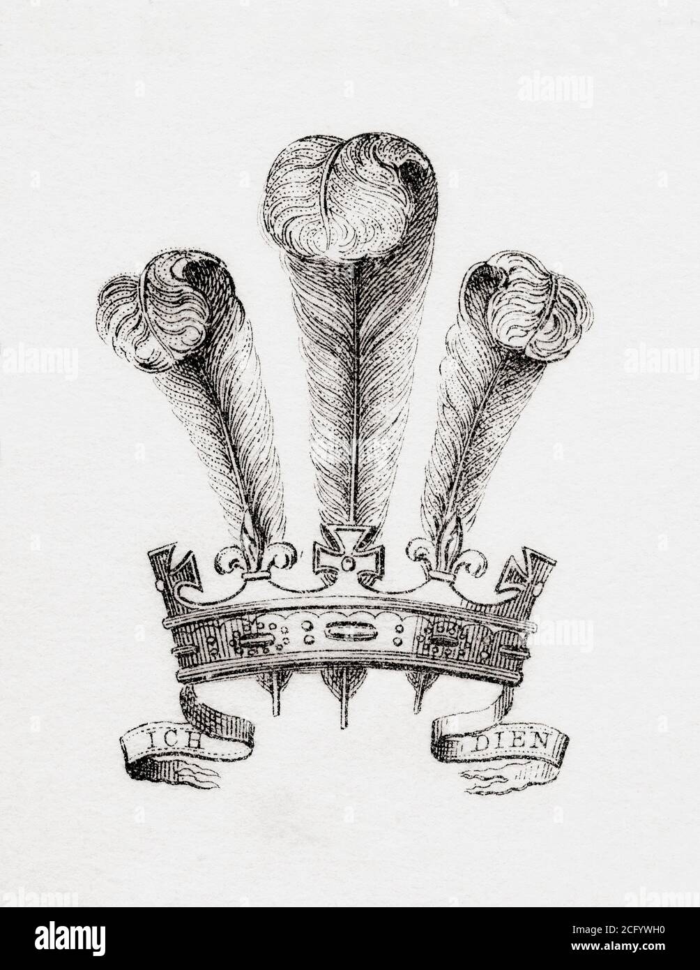 Le piume del Principe di Galles, il distintivo araldico del Principe di Galles. Dalla Enciclopedia Nazionale: Un Dizionario di conoscenza universale, pubblicato circa 1890 Foto Stock