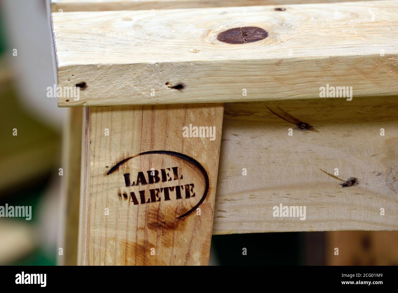 Francia, Doubs, Serre les Sapins, palette etichette, produzione di mobili in pallet riciclati Foto Stock