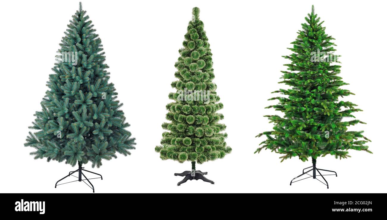Set di tre abeti (pino) senza arredamento di nuovo anno sfondo bianco Foto Stock