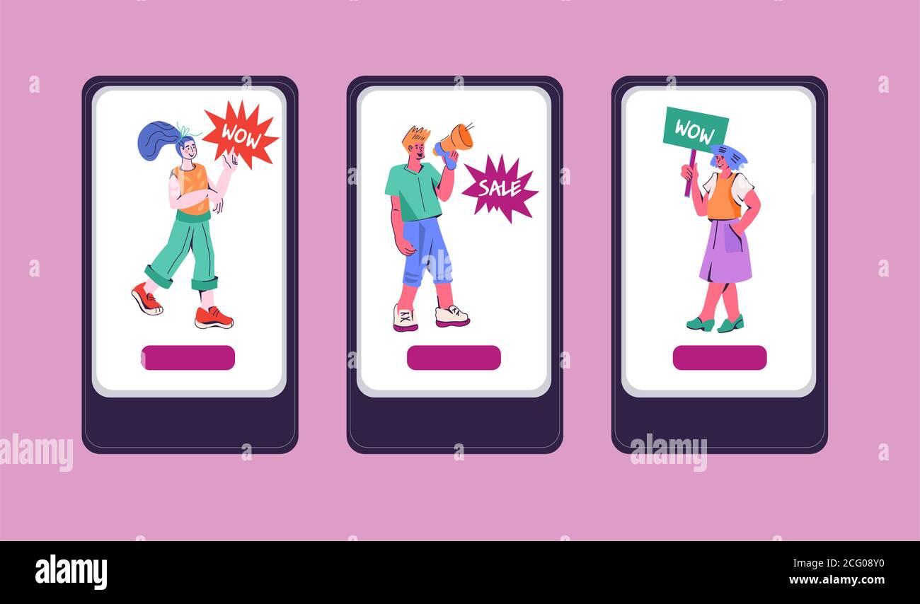 Promozione online shop sale. Interfacce app mobili. Illustrazione Vettoriale