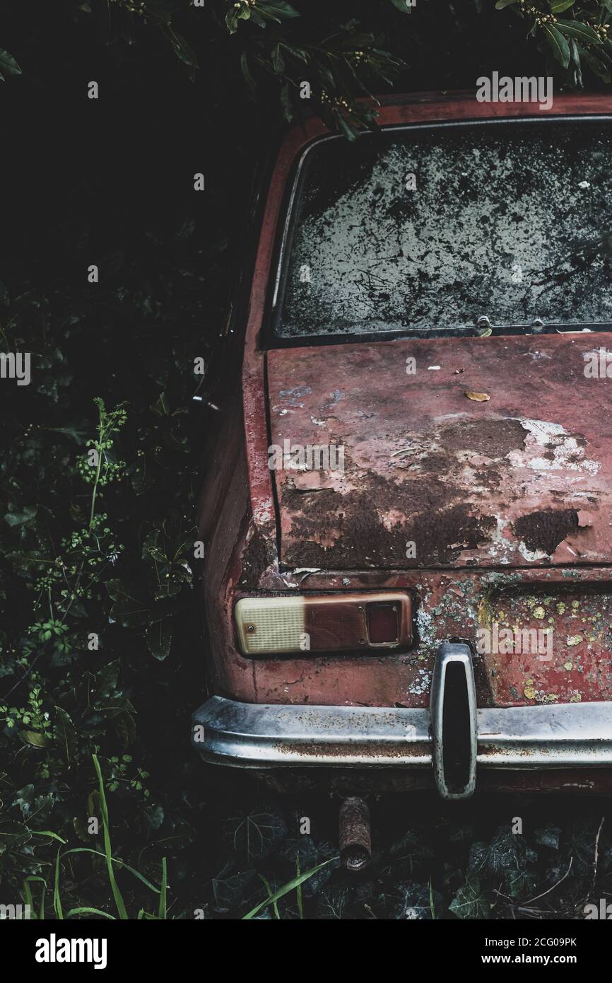 Vecchia auto degli anni '90 abbandonata tra le piante. Abbandonato argentino R12 c Foto Stock