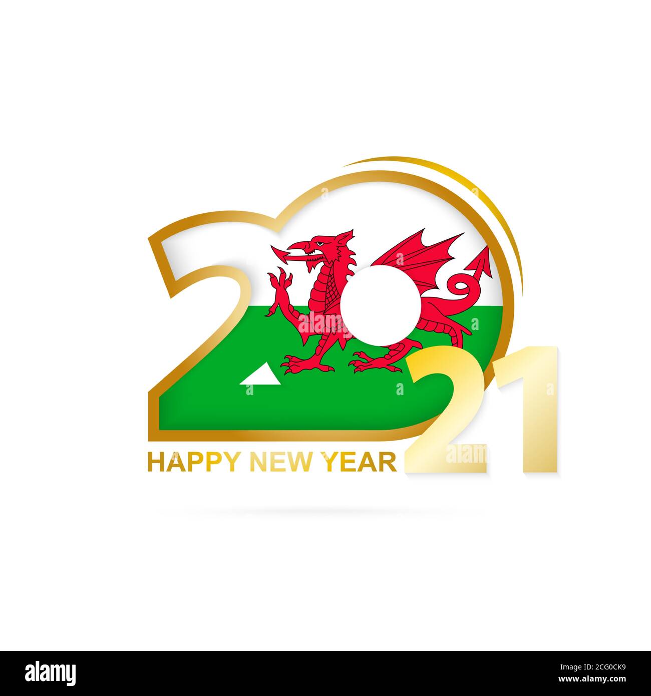 Anno 2021 con modello Wales Flag. Felice anno nuovo design. Illustrazione vettoriale. Illustrazione Vettoriale