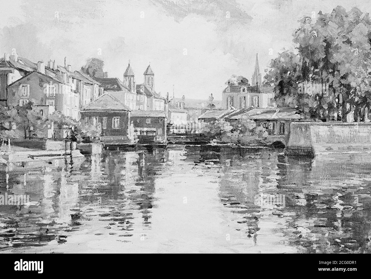 Dipinto originale della città europea sull'acqua. Impressionismo olio pittura paesaggio urbano in bianco e nero. Foto Stock