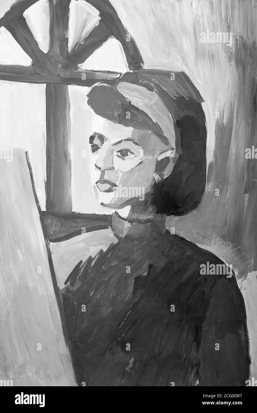 Ritratto di giovane ragazza in colori monocromatici. Illustrazione in bianco e nero. Foto Stock