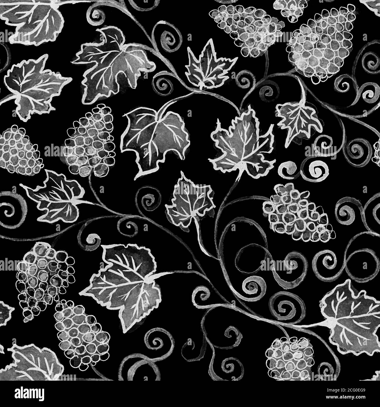 Grappoli d'uva. Ripetizione senza giunture. Pittura acquerello. Disegno fatto a mano. Uve senza cuciture motivo acquerello. Bianco e nero Foto Stock