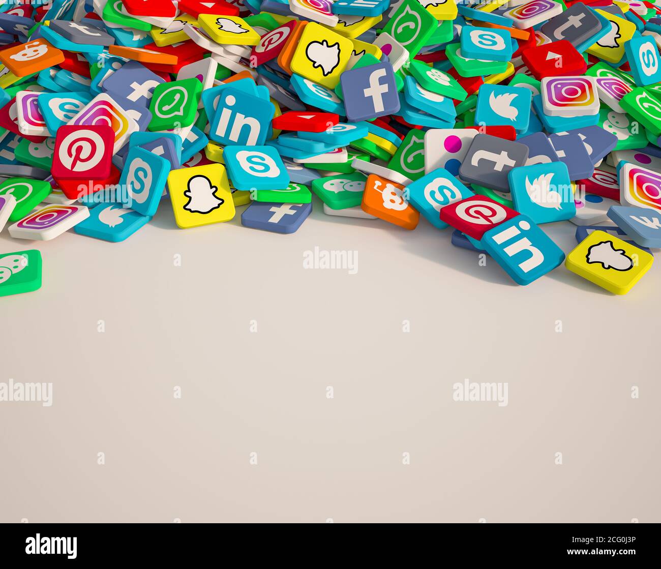 Il rendering 3D delle icone dei social media più diffusi fa da sfondo a molti di spazio per la copia Foto Stock