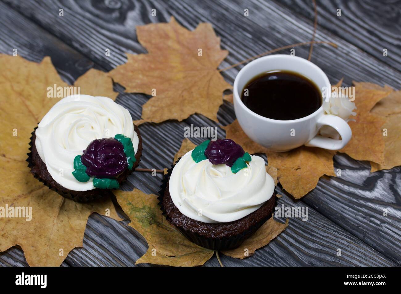 Muffin al cioccolato con fiore alla crema. Una tazza di caffè nero. Tra le foglie di acero essiccate. Si trova su tavole di pino dipinte in bianco e nero. Foto Stock