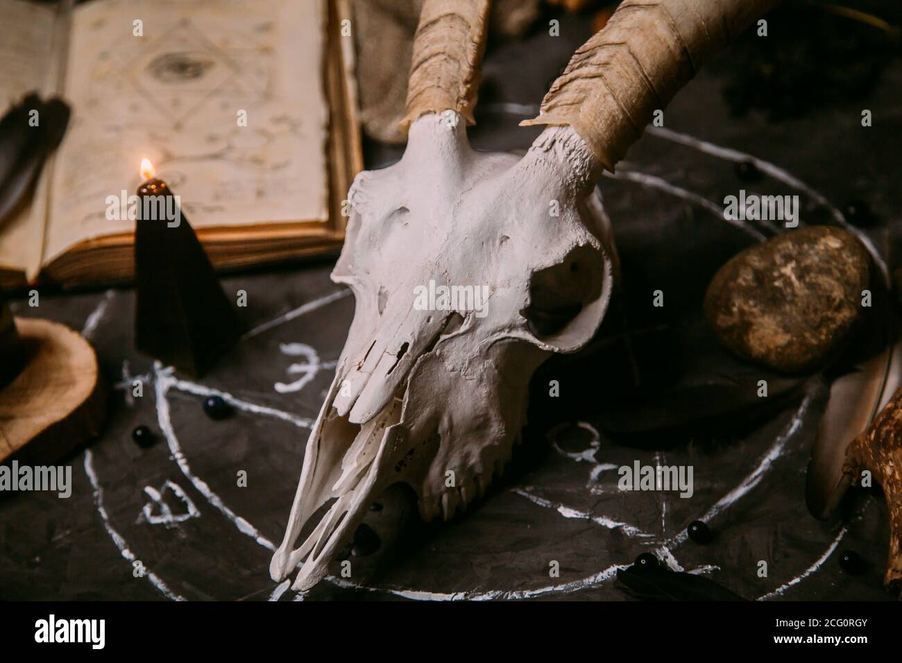 Gabbiano di capra bianco con corna, aprire il vecchio libro (testo - untraducibile, linguaggio immaginario), candele nere sul tavolo delle streghe. Occulto, esoterico, divinazione e. Foto Stock