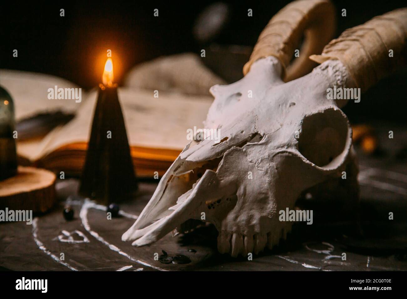 Gabbiano di capra bianco con corna, aprire il vecchio libro (testo - untraducibile, linguaggio immaginario), candele nere sul tavolo delle streghe. Occulto, esoterico, divinazione e. Foto Stock
