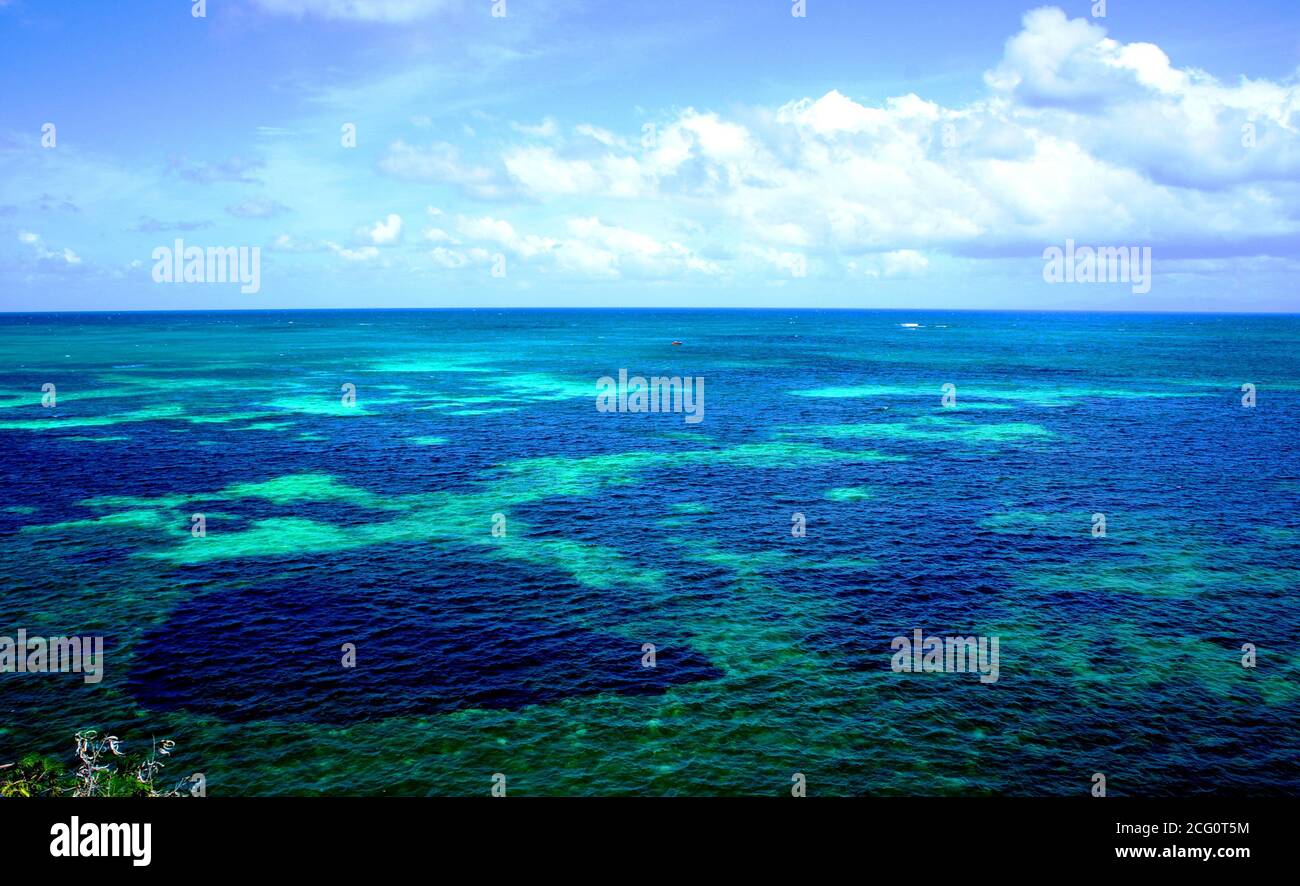 Acque oceaniche indiane vicino alle isole esotiche delle Seychelles. Acquerello azzurro sorprendente. Acqua acquamarina. Barriera corallina. Giorno di sole. Bellissima superficie del mare. Foto Stock