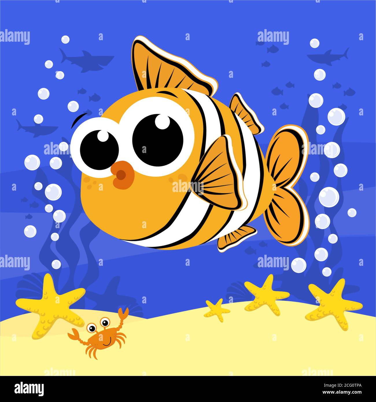 simpatico bambino clownfish cartoon illustrazione con bolle e sotto il mare sfondo. Design per bambino e bambino Illustrazione Vettoriale