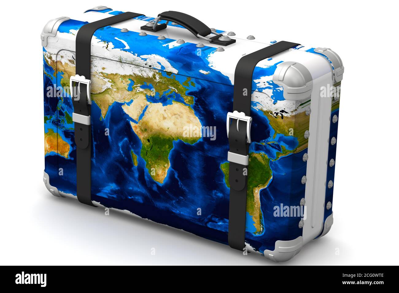 Valigia di viaggio con una mappa del mondo. Grande valigia da viaggio con  una mappa del mondo su una superficie bianca. Isolato. Illustrazione 3D  Foto stock - Alamy