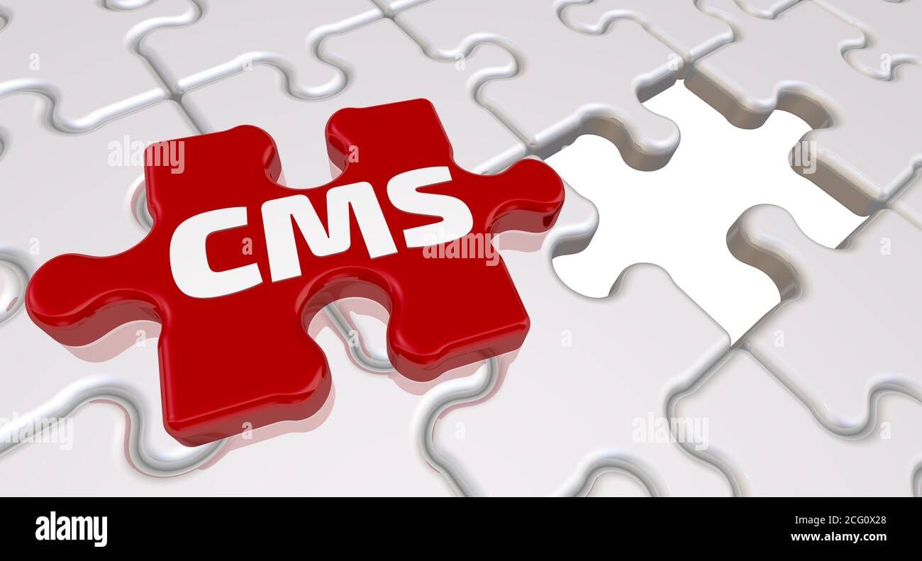 CMS. L'iscrizione sull'elemento mancante del puzzle. Elementi puzzle bianchi piegati e uno rosso con parola CMS (Content Management System) Foto Stock