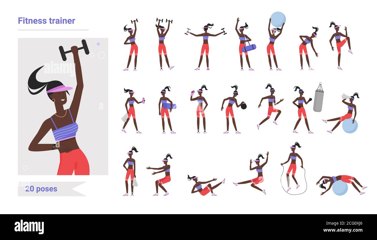 Fitness Trainer gym workout mette a disposizione un set di illustrazioni vettoriali infografiche. Cartoon donna piatto allenatore personaggio facendo ginnastica, esercizi sportivi con kettlebell, dumbbell, palla isolato su bianco Illustrazione Vettoriale