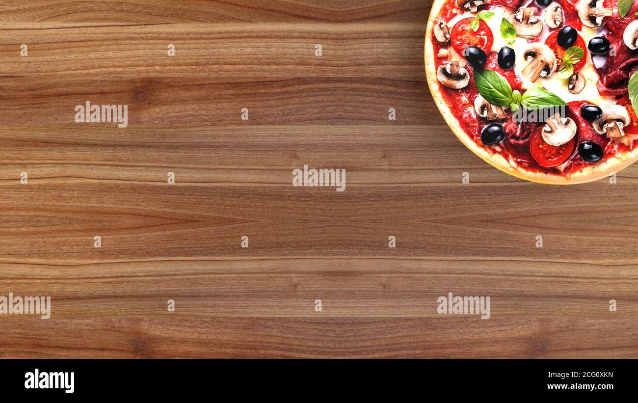 Pizza con salame e olive, sfondo pubblicitario. Rendering 3D Foto Stock