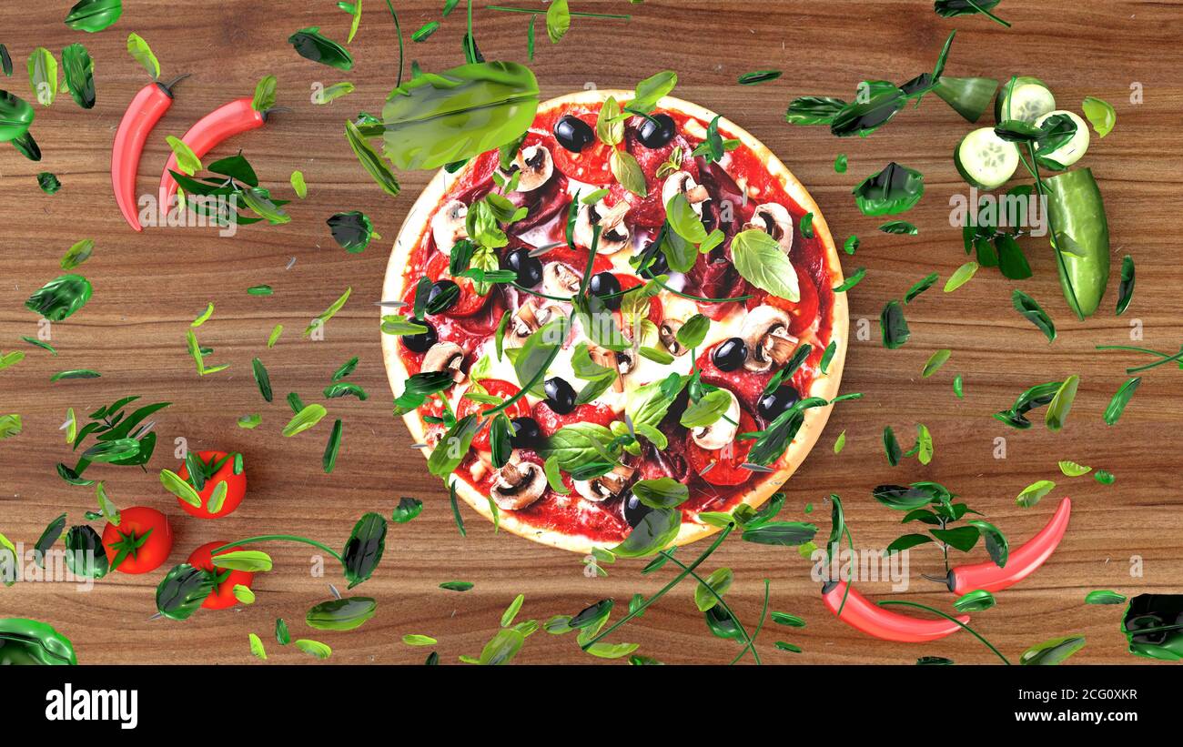 Pizza con salame e olive, sfondo pubblicitario. Rendering 3D Foto Stock