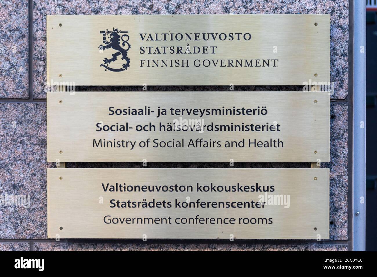 Ministero degli Affari sociali e della Salute -segno o cartello nel distretto di Kruunhaka di Helsinki, Finlandia Foto Stock