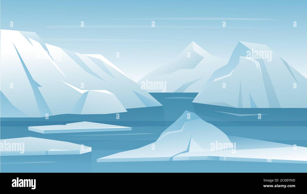 Illustrazione vettoriale del paesaggio artico antartico. Cartoon ghiaccio scenario naturale del Nord con iceberg neve montagna, ghiaccio fusione ghiacciaio in blu oceano settentrionale acqua. Clima freddo scenario invernale sfondo Illustrazione Vettoriale