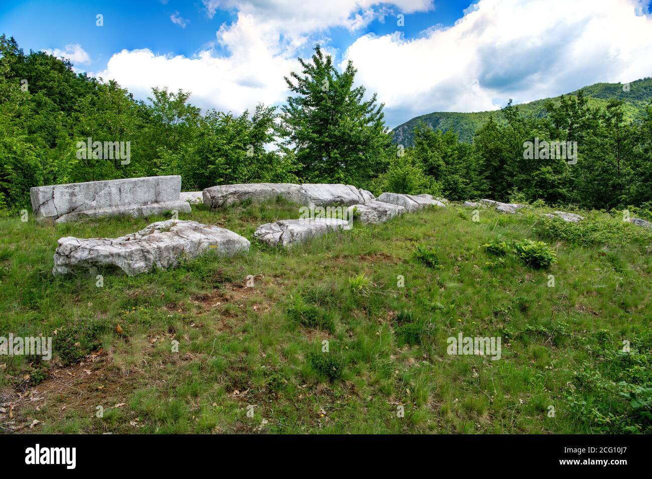 Lapidi medievali del 13 ° secolo chiamato Mramorje o Gajevi, situato sulla montagna Tara vicino al villaggio di Krizevac. Necropoli di forme diverse. Foto Stock