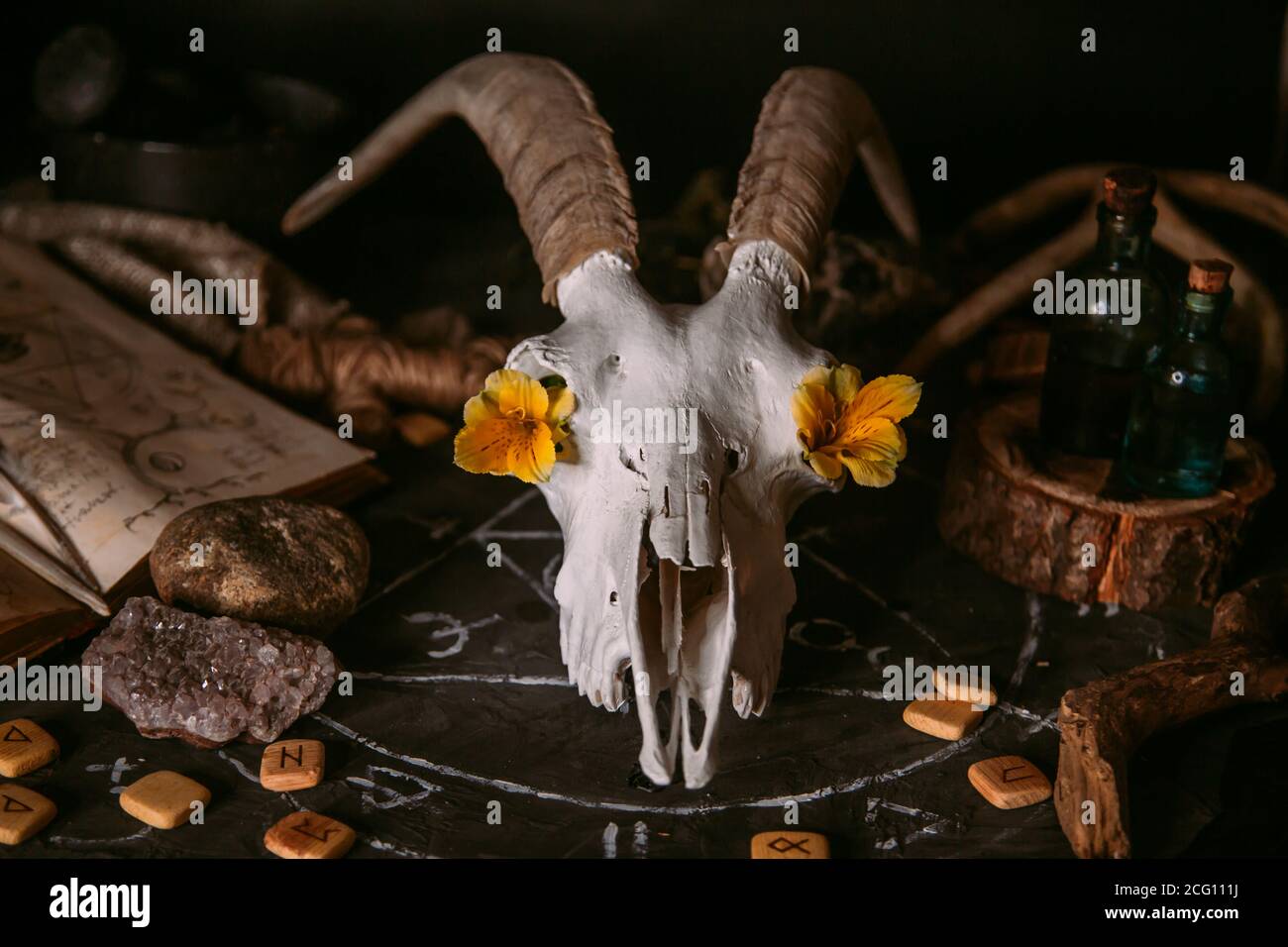 Gabbiano di capra bianco con corna, fiori, libro aperto vecchio, candele sul tavolo delle streghe. Concetto occulto, esoterico, divinazione e wicca. Halloween, giorno della dea Foto Stock