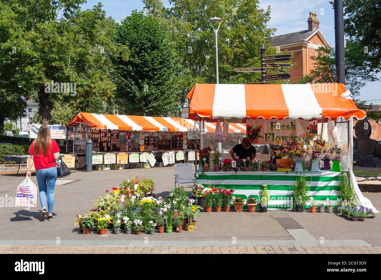 I fiori freschi si trovano nel mercato di strada, Market Place, Redditch, Worcestershire, Inghilterra, Regno Unito Foto Stock