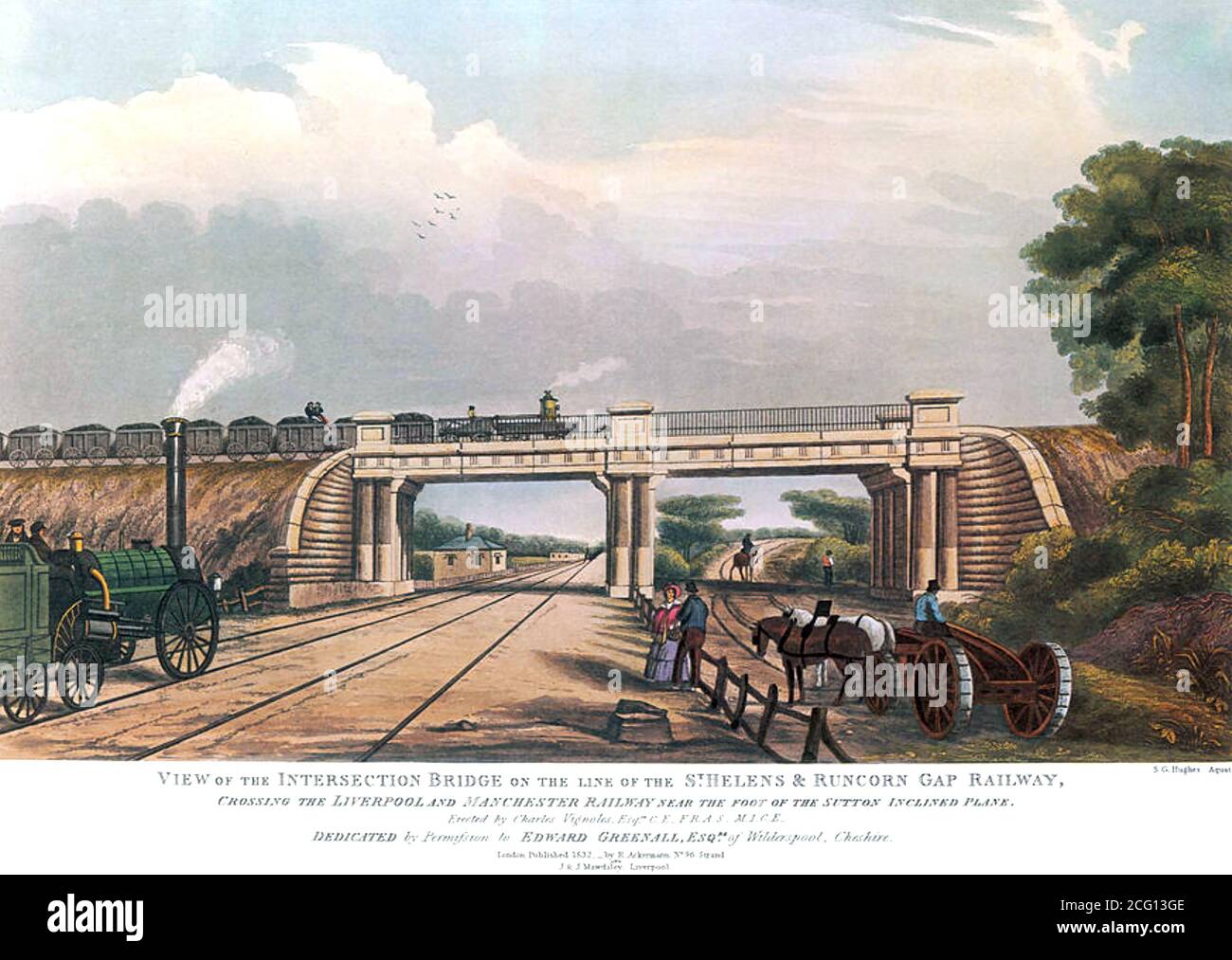 TRENO LIVERPOOL - MANCHESTER. Un'incisione del 1832 che mostra il ponte di intersezione sulla ferrovia St Helens & Runcorn Gap che attraversa la linea da Liverpool a Manchester. Foto Stock