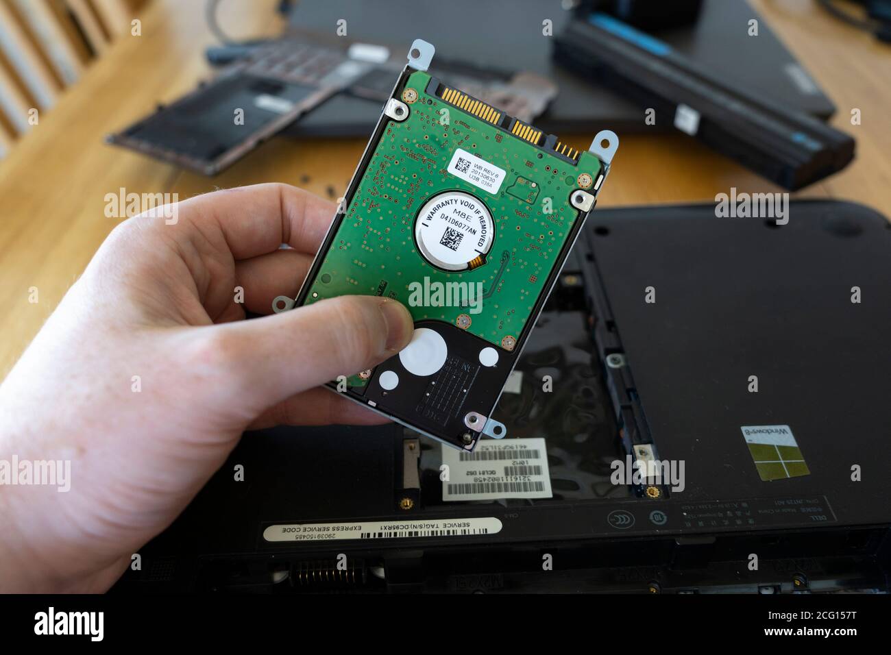 Mano dell'uomo che tiene un'unità disco rigido (HDD) Seagate da 2.5' rimossa da un computer portatile. Tema: Memorizzazione dei dati, riparazione del computer, sostituzione della vecchia tecnologia, memoria Foto Stock